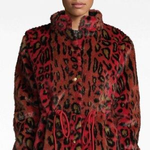 Nicole Miller Collection Red Black Leopard Print Faux Fur Anorak Jacket Coat
